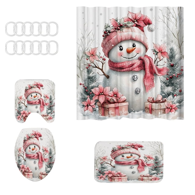Rideau de Douche de Noël Père Noël Rideau de Douche Fond Tissu Ensemble de Bain Suspendu Crochets de Rideau de Douche