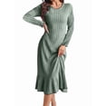thumbnail image 2 of Long Sleeve Fall Dress for Women Casual Crew Neck Midi Long Ribbed Knit Ruffle Swing Maxi Dress Green XL, 2 of 7