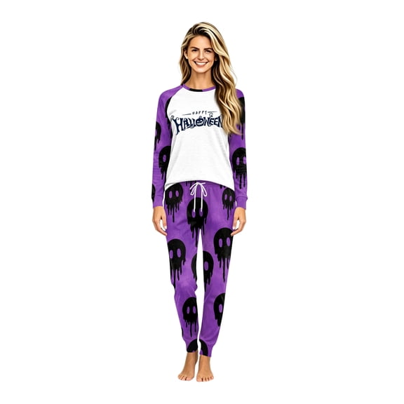 220GSM Purple Drip Ghost Raglan Family Pajamas, Happy Halloween Matching Loungewear for Family Holiday Photos(WomenS)