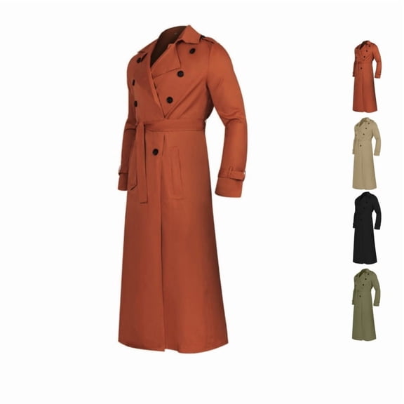 Domuza Mens Long Trench Coat, Double Breasted Lapel Jacket, Waterproof Windbreaker Overcoat for All-Weather Use
