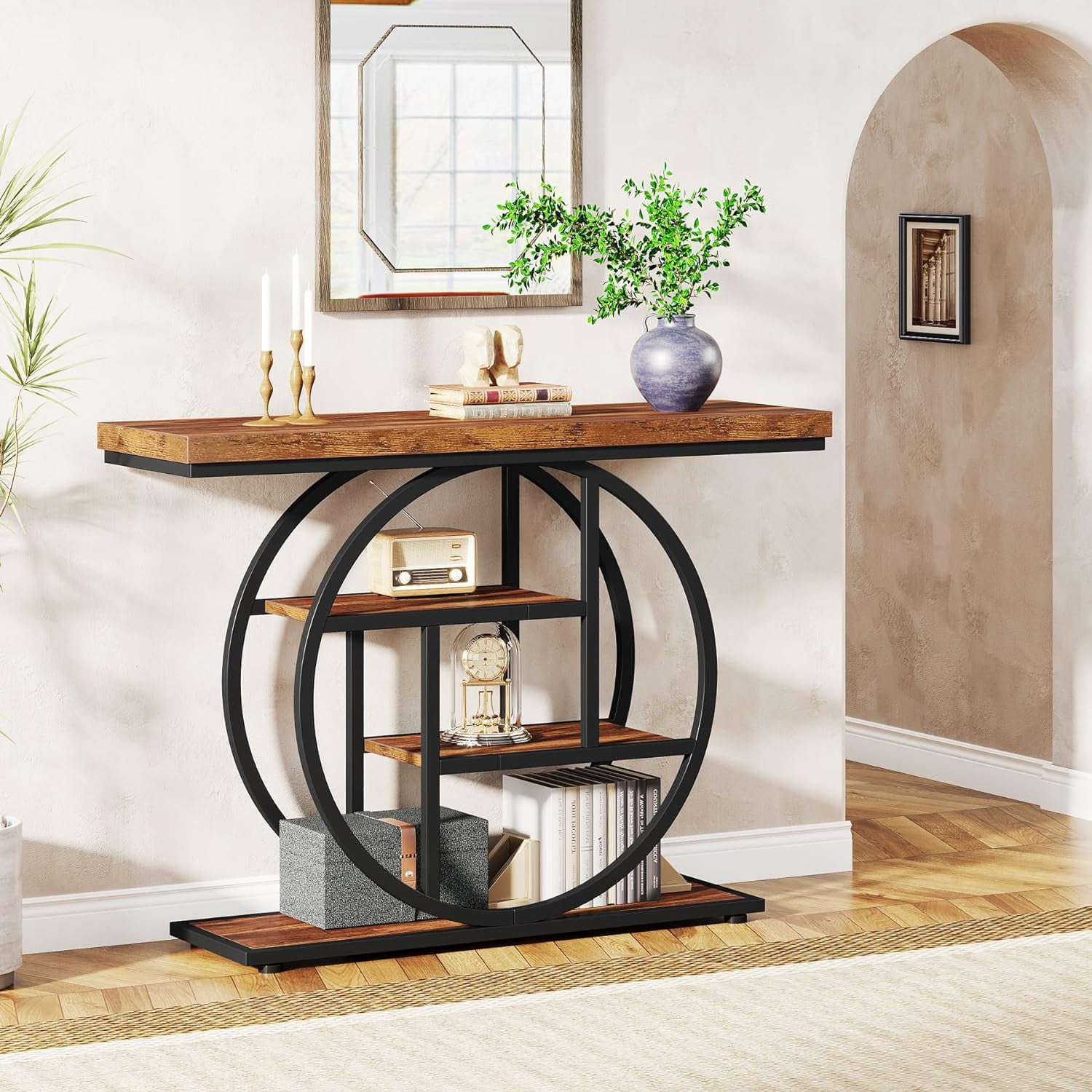 Tribesigns Industrial 41.3" Console Table, 4-Tier Sofa Table Narrow Wood Entryway Table with Storage Shelves for Living Room, Rustic Brown