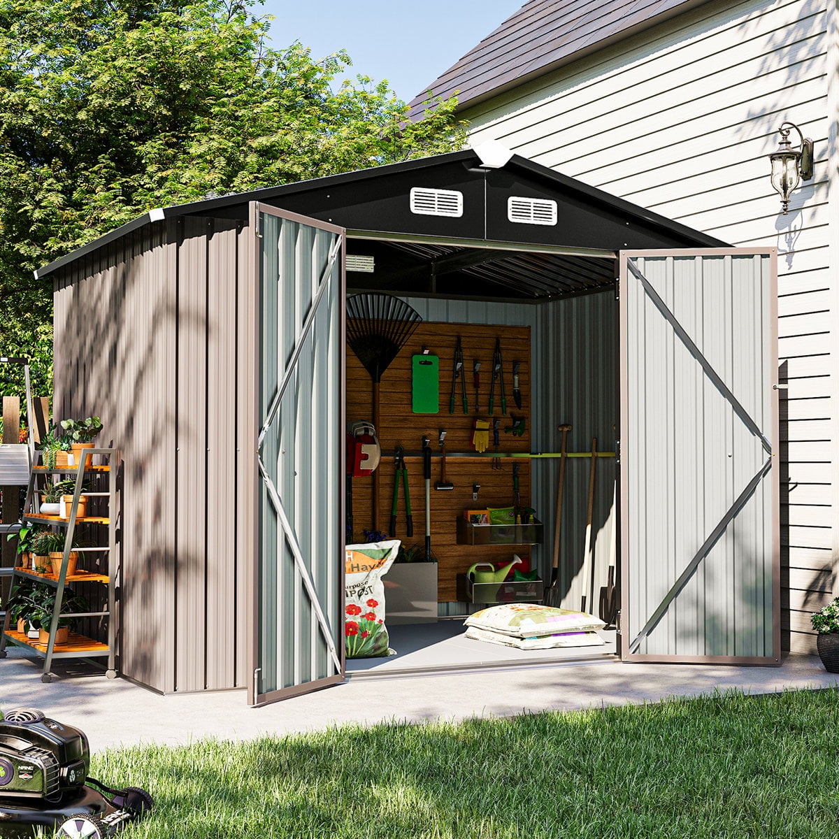 GVDV Metal Shed, 8 x 6 ft Metal Outdoor Storage Shed with Updated Frame, Lockable Doors & Waterproof, Brown