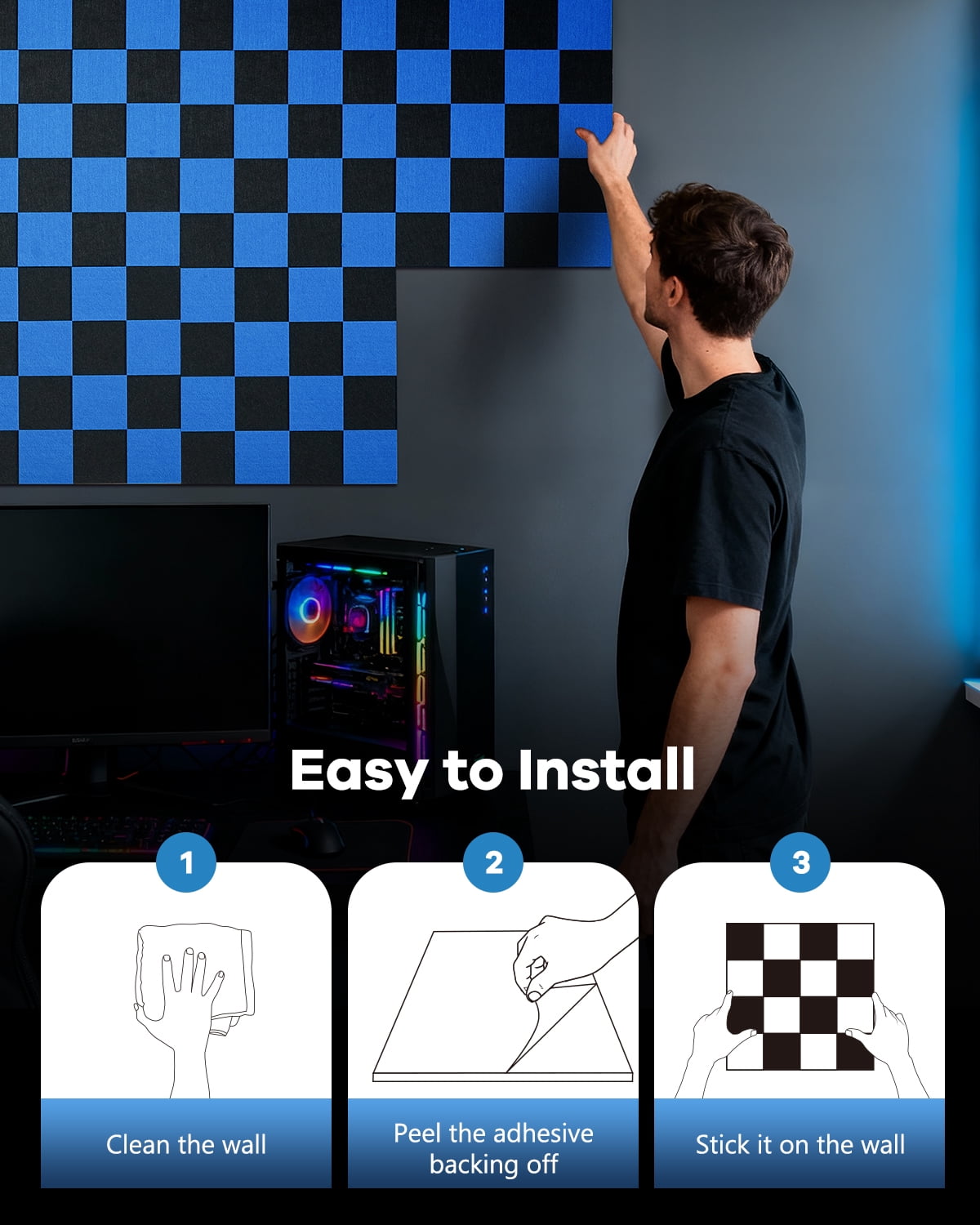 Soundsbay Soundproof Wall Panels, 12 Pack Sound Proof Foam Fanels for Walls Self-Adhesive, 12"×12"×0.4" Checker Board Blue+Black Decorative Acoustic Panels for Door, Ceiling, Home Office