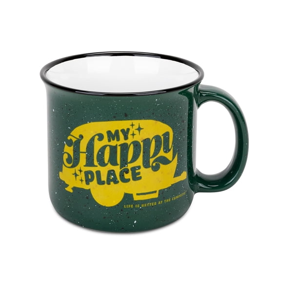 Camco Life is Better at the Campsite Ceramic Mug Microwave and Dishwasher Safe Green Background with Yellow Retro RV My Happy Place Design 14oz. 53471