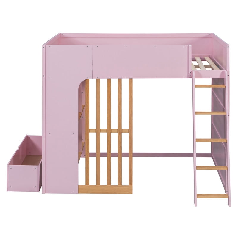 Full Size Kids Loft Bed with Shelves, Wooden High Profile Teens Storage Bed Frame with Ladder and Removable Large Drawer