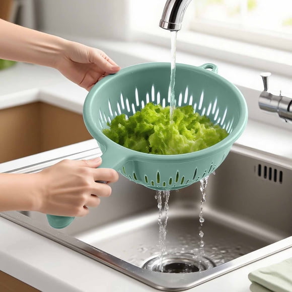Colander with Handle for Fruit and Vegetable Washing Compact Kitchen Drain Strainer for Home Use Easy Storage Dark Blue and White Lightweight Kitchenware