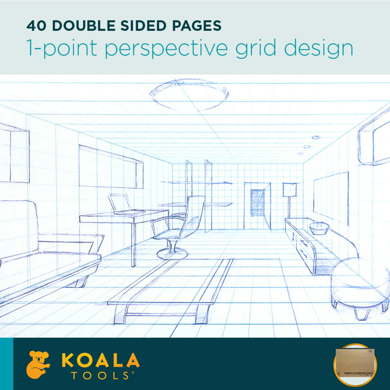 Koala Tools Drawing Perspective (2-Point) Large Sketch Pad | 11” X 17” 40  pp. | Perspective Grid Graph Paper for Interior Design, Industrial