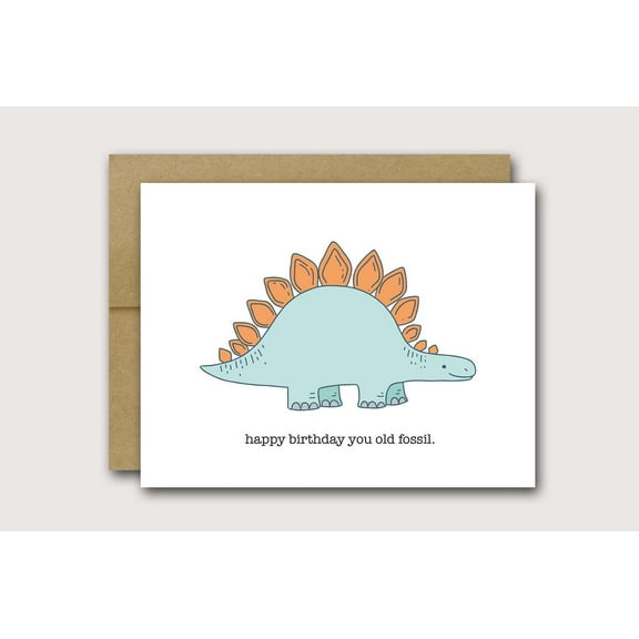 Funny Dinosaur Birthday Card - “Happy Birthday You Old Fossil” - Adorable Stegosaurus Design - Blank Inside, Envelope Included - Perfect for Friends and Family Celebrations