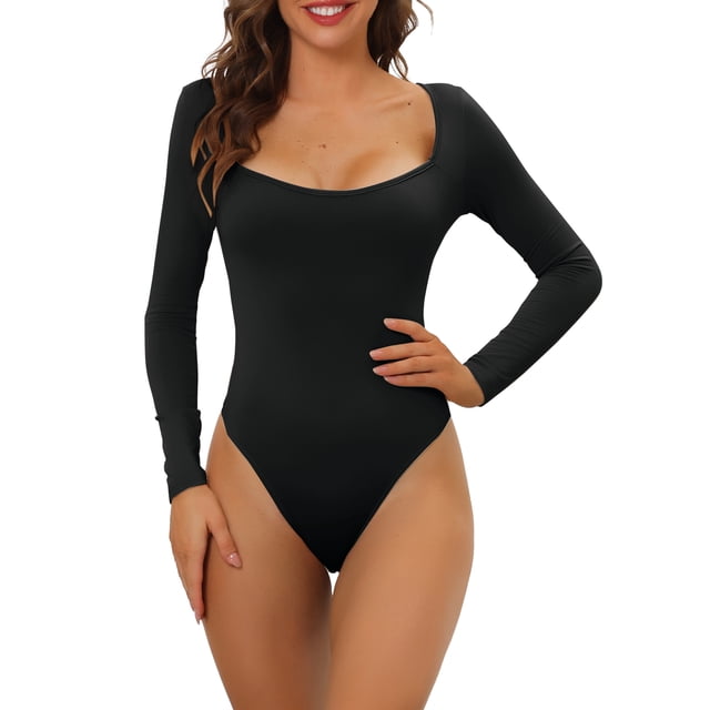 INSPIRAR CHIC Body de Manga Larga para Mujeres Shapewear Ajuste Slim Cuello Cuadrado Leotardo Mono Tops S Negro