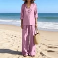 thumbnail image 5 of Guieoi Matching Outfits for Women Solid-Color Cotton-Linen Wide-leg Pants Set V-neck Button-down Long-sleeve Loose-fit Top + High-waisted Pants Two-Piece Set Pink XXL, 5 of 9