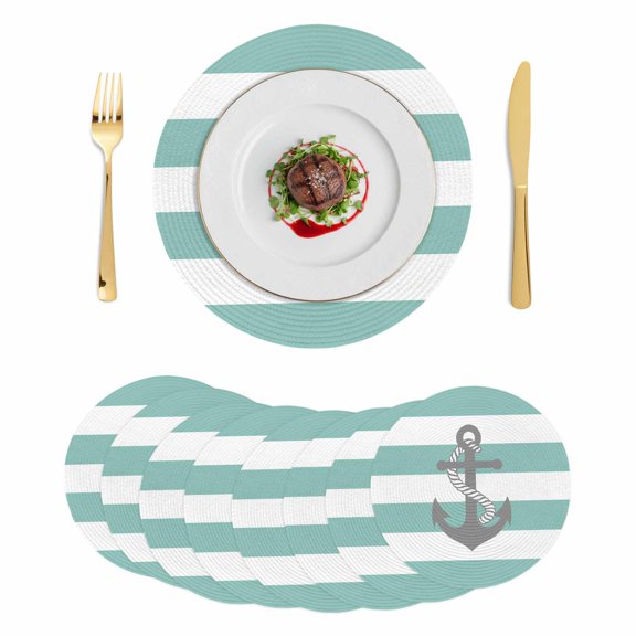 Turquoise Stripe Nautical Round 13 Inch Placemats Set of 8, Grey Anchor Summer Coastal HeatResistant Non Slip Place Mats for Dining Table, Wipeable Braided Kitchen Table Mats for Housewarming