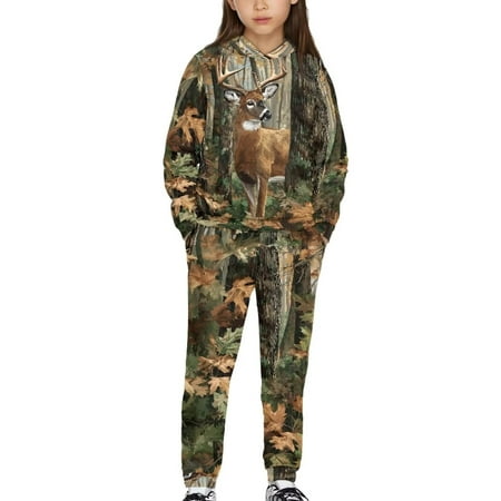 Uorisanigo Girl s Boy s 2 Piece Outfits Fall Winter Sweatsuit Long Sleeve Camo Deer Hunting Forest Hoodie Jacket and Sweatpants Set Graphic Printed Kids Youth Matching Set