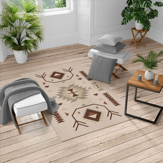 Southwestern Turkish Area Rug, Ethnic Illustration of a Zigzags Design Triangular Iconic Art Motifs, Soft Carpet for Living Room Decor with Distressed Look, 2.6' x 5', Beige Brown, by Ambesonne