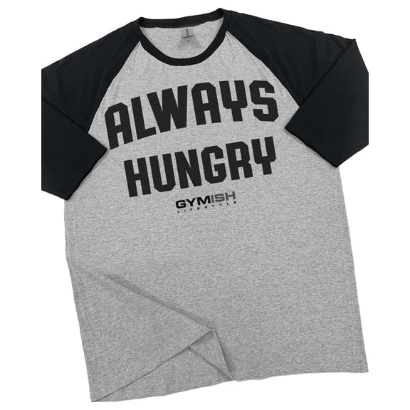 GYMISH RAGLAN Always Hungry Workout Gym T-Shirt for Men – Funny Fitness Tee, Bodybuilding Gym Shirt, Heather Grey, Small