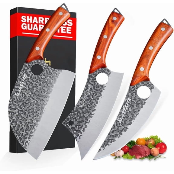SliceElite Heritage Forge Series 3 Piece BBQ Knife Set Butcher Knife Set with Lanyard Holes Serbian Chef Knife Cleaver Viking Knife Forged Steel Kitchen and Grill Meat Cutting Knives