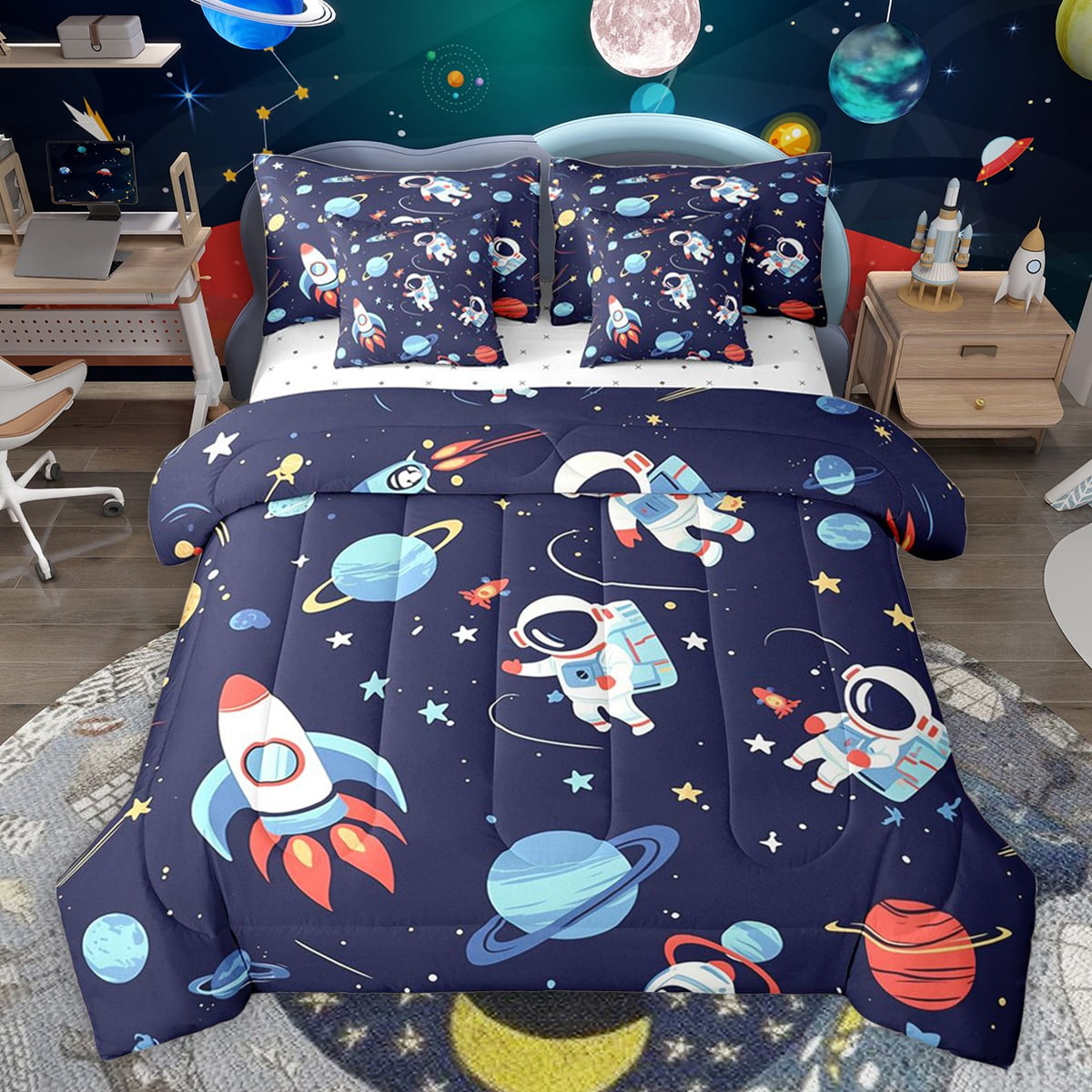 Castle Fairy Kids Boys Girls Cartoon Astronaut Rocket Bedding Comforter Set 7pcs Galaxy Universe Queen Bedding Sets Super Cozy Kawaii Cosmos Planet Queen Sheet Sets Luxury Bedroom Decor Reversible