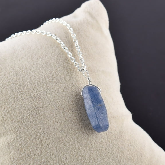 QNAVIC Natural Raw Blue Sapphire Rough Gemstone Pencil Shape Handmade Dainty Pendant Necklace for Women, Healing Chakra Crystals, September Birthstone Gift for Her, Silver Plated Chain 18 inch