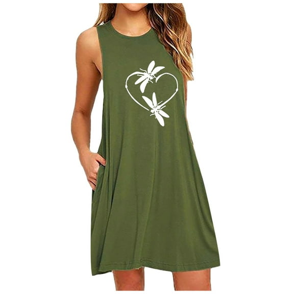 Lolmot Summer Dresses for Women Nightdress Pocket Printing Fashion Casual Soft Dresses Dragonfly Sleeveless Crew Neck Sleepwear Dress