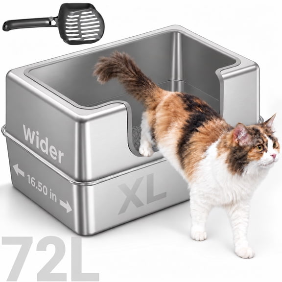 Stainless Steel Litter Box, XL 24.4 x 16.5 x 12.0 in, Metal Litter Box with Lid, Open Top, Easy to Clean, Scoop Included