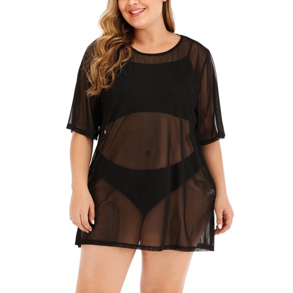 Womens Swimwear Round Neck See Through Short Sleeve Beach Vacation Essentials,Black,2XL