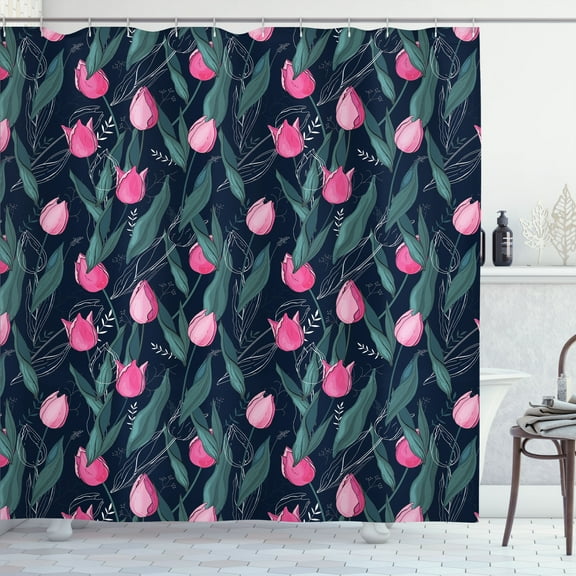 Ambesonne Navy Blue Shower Curtain, Tulip Flowers Drawing, 69"Wx84"L, Indigo Pink Dark Teal