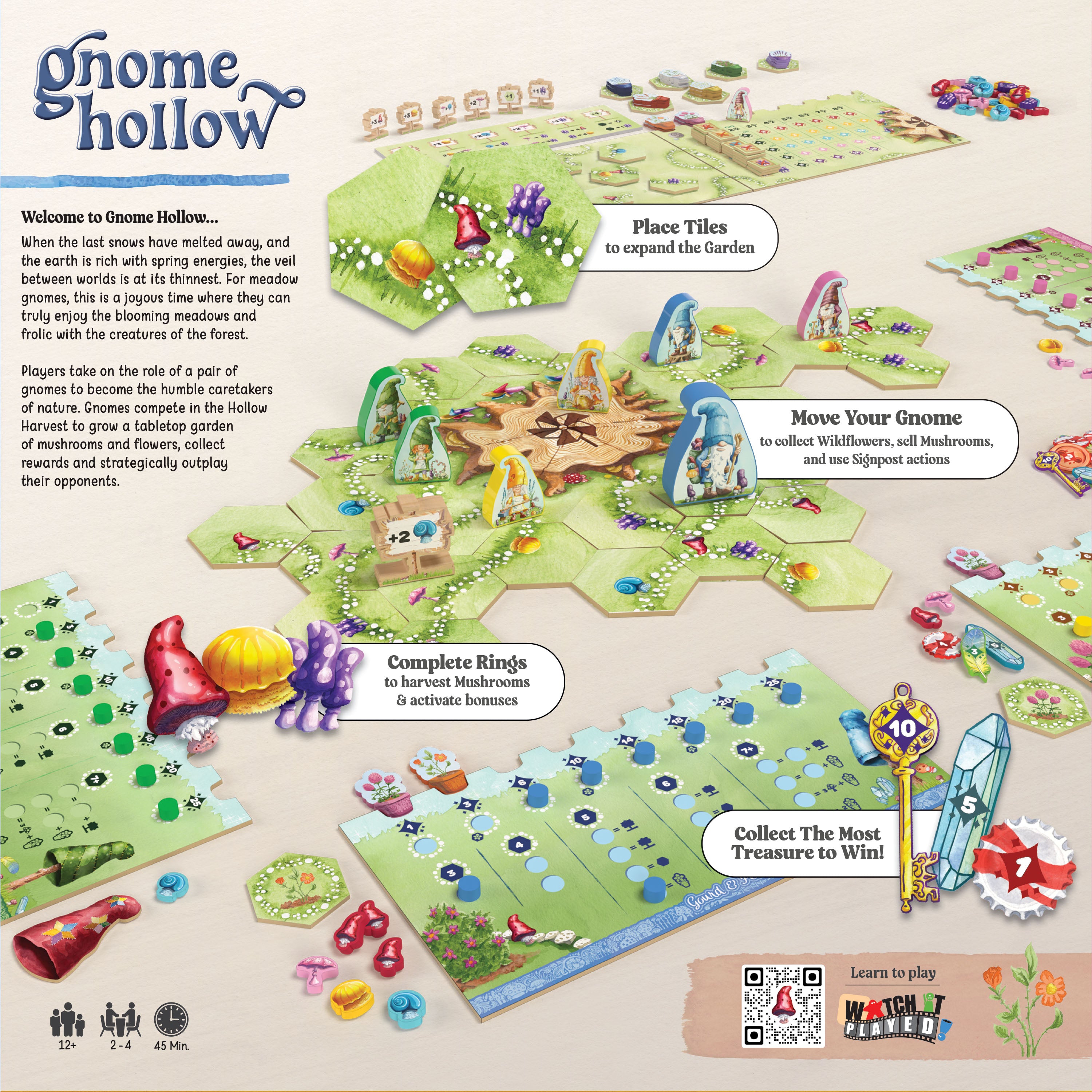 Gnome Hollow juego de mesa, colocación de losetas y trabajadores temático de gnomos y jardín con hermoso arte, edades 12+, 2-4 jugadores, juego de estrategia de The Op Games 3