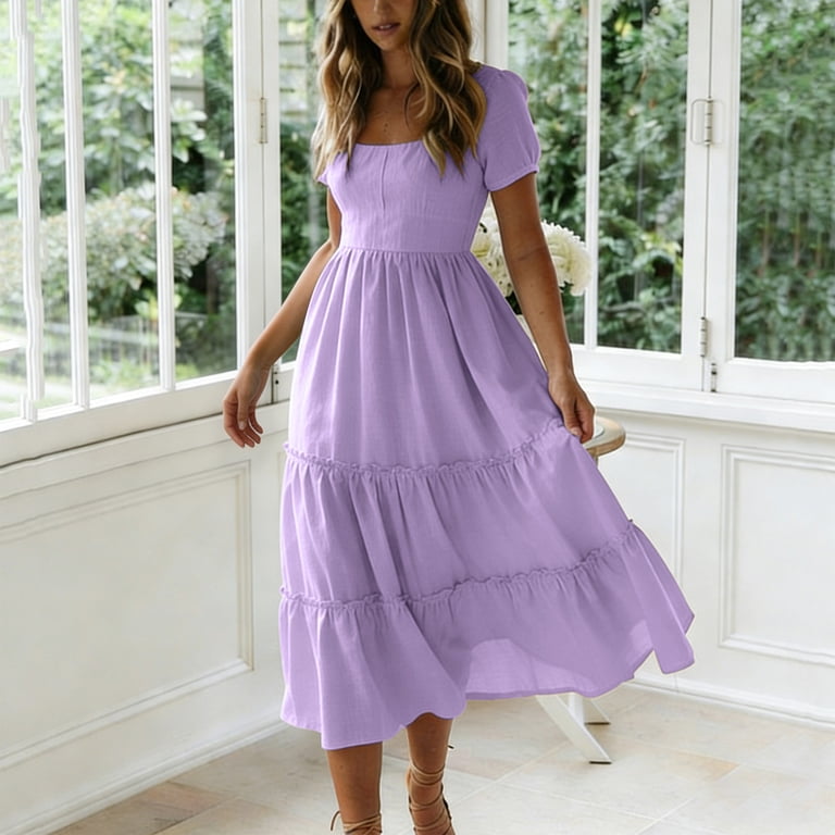 midi lightweight summer dresses with sleeves Women's Summer Crewneck Smocked Midi Dress Casual Short Sleeve Lace Hollow Out High Waist Tiered A Line Long Dresses, Army Green, Small at Amazon Women's Clothing store