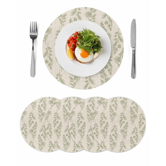 Green Botanical Round 13 Inch Placemats Set of 4, Pastoral Elegant Spring Floral Rustic HeatResistant Non Slip Place Mats for Dining Table, Wipeable Braided Kitchen Table Mats for Housewarming
