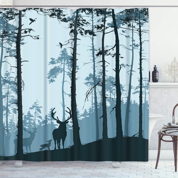 Decorative Shower Curtain Silhouette of Pine Forest Family Deer and Birds Blue 72"x72" Waterproof Tree Bathroom Shower Curtain Set with Hooks
