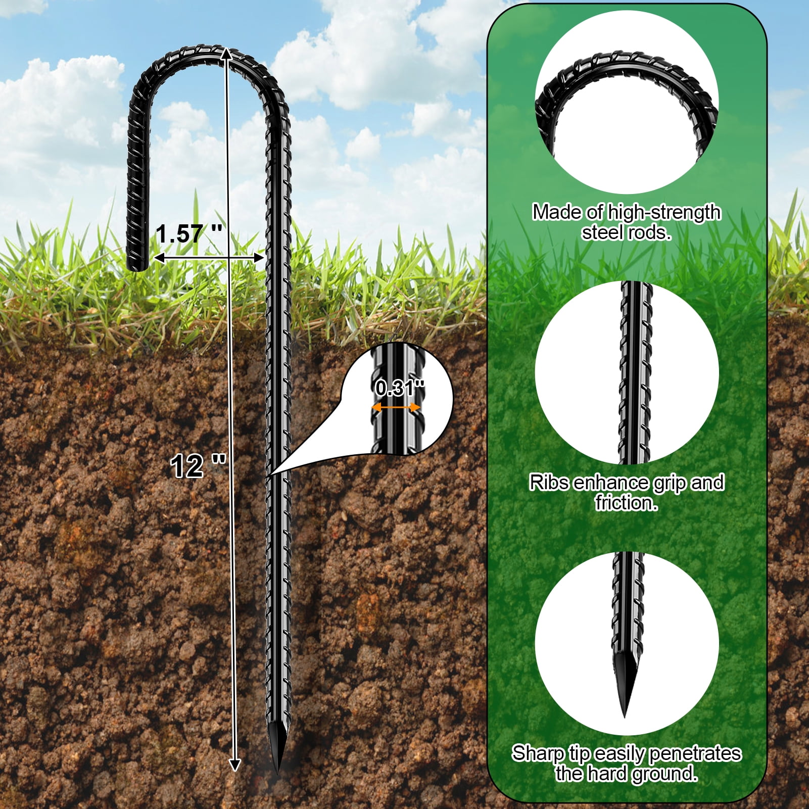 Fabulas Rebar Stakes 12 Inch, 12 Pack Rebar Stakes Heavy Duty Ground Anchors J Hook with Chisel Point End Galvanized Steel Anchors for Fence Landscape Trampoline Chain Link Garden Camping Tent Plants
