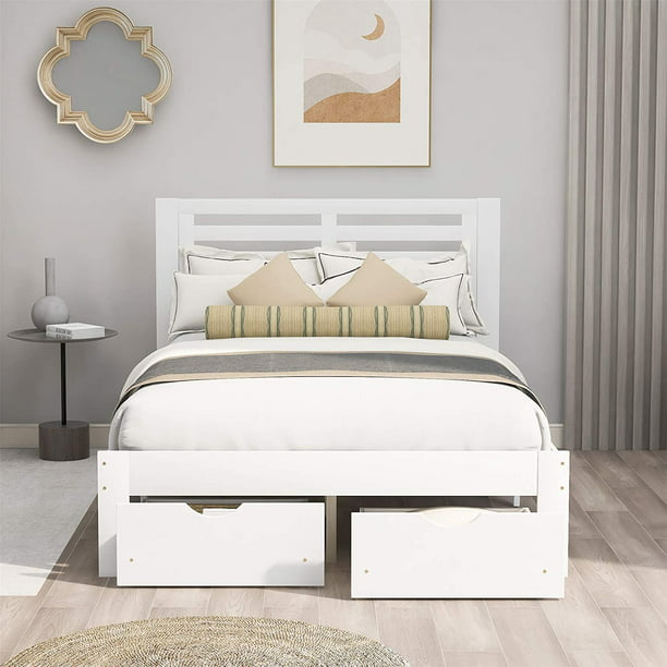 Piscis Platform Bed Frame With Drawers, Full Size White Wooden Bed Frame With Headboard