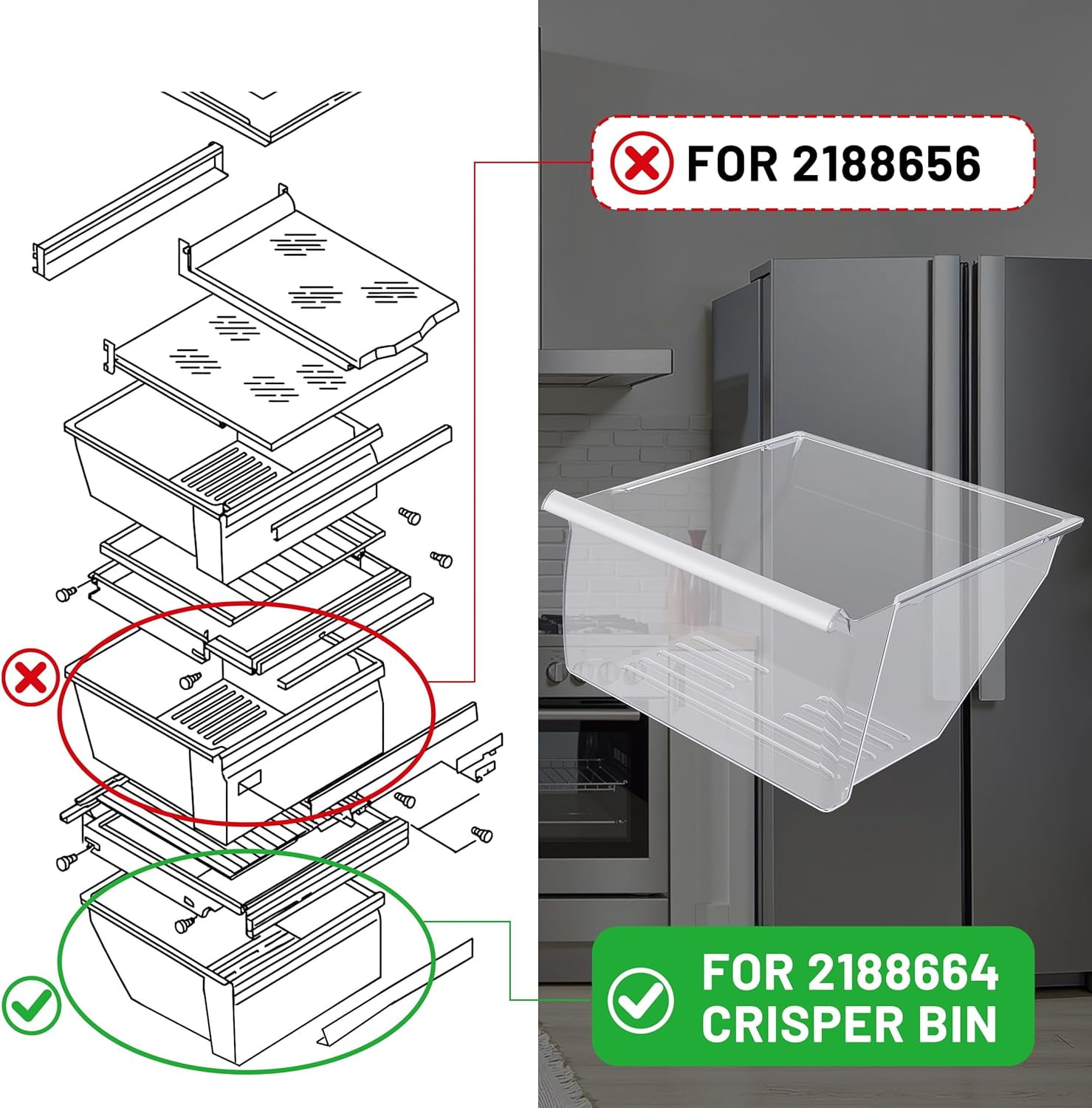 2188664 Crisper Pan Drawer (Lower) Replacement for Whirlpool, Kenmore, Maytag, KitchenAid Refrigerator with White Handle – Compatible with WP2188664