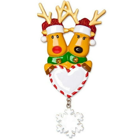 Reindeer Tree Ornament - REINDEER Family Of 2 HEART w/SNOW Personalized Christmas Tree Ornament Xmas Noel