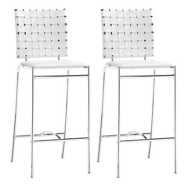 Set Of Two White Faux Leather And Steel, Leather Basket Weave Counter Stools