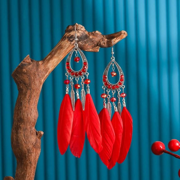 Alloy Rhinestone Teardrop Dangle Earrings with Feather Silver Red 23x11mm