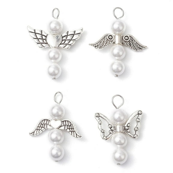 40pcs Shell Pearl Beaded Angel Pendants with Alloy Wings White Silver 26~27.5x18~22.5x6mm Hole: 2.2mm