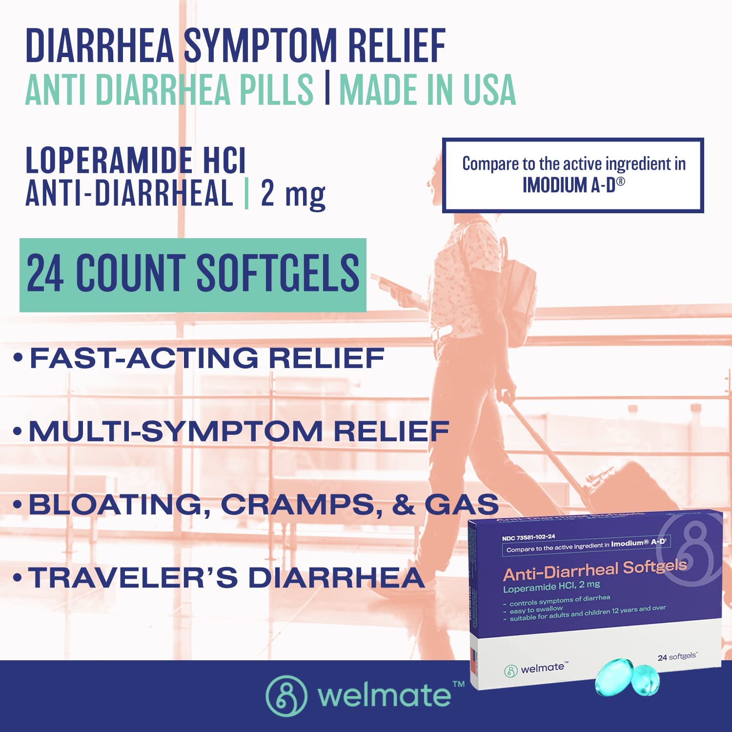 Welmate Anti-Diarrheal Sotfgels - Loperamide HCL 2 mg - Diarrhea Relief - 24 Count Blister Pack - image 2 of 6