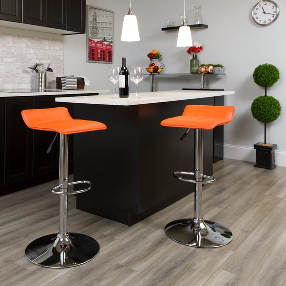 Orange Vinyl Adjustable Height Barstool with Quilted Wave Seat