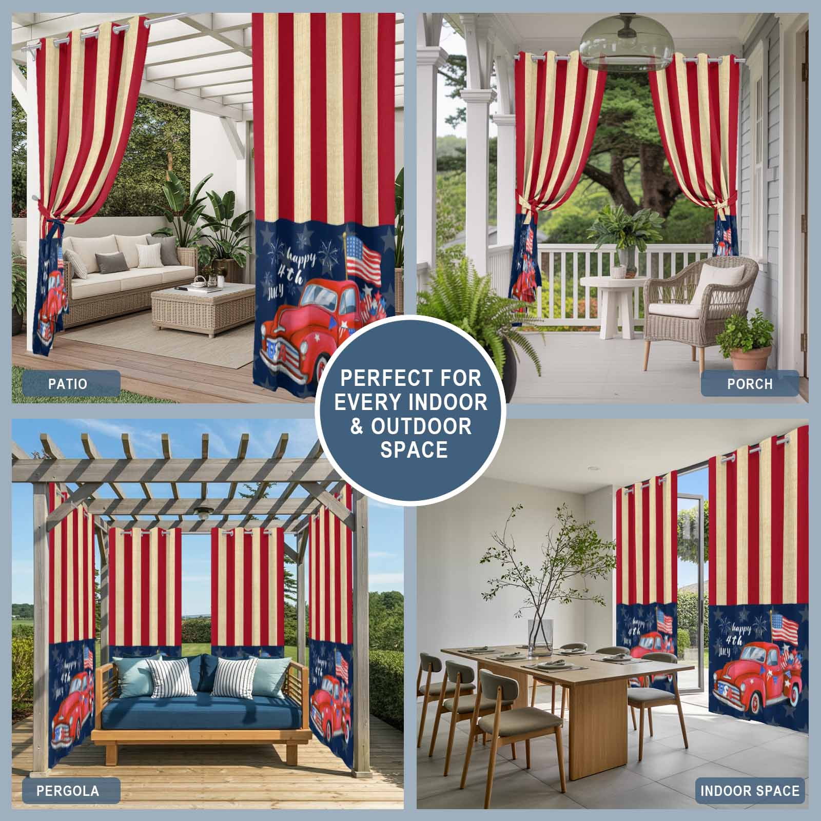 USA Flag Red Truck Outdoor Curtains for Patio, Independence Day Blue Star Red Strips Sunshade Privacy Drapes Grommet Waterproof Outside Curtains for Porch/Cabana/Balcony 54"x 108", 1 Panel