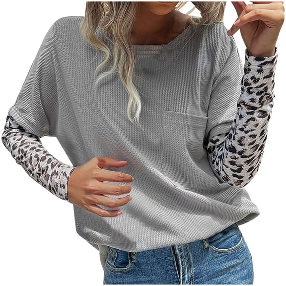 Aoochasliy Pullover for Women Clearance Sweatshirts Casual Solid Color Patchwork Leopard Print Round Neck Tops Shirt