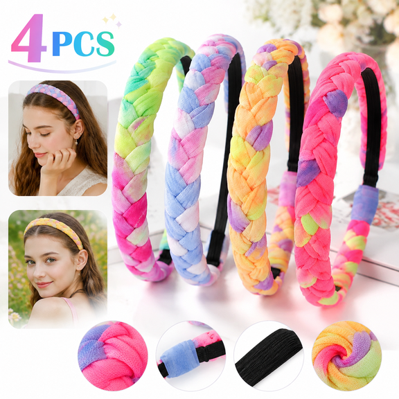 Genreen 4 PCS Braided Headbands for lady, Adjustable Rainbow Tie Dye Braid Head Bands , Stretch Elastic Cloth Fabric Hairbands Accessories for Women, Teen Easter Basket Fillers Stocking Stuffers