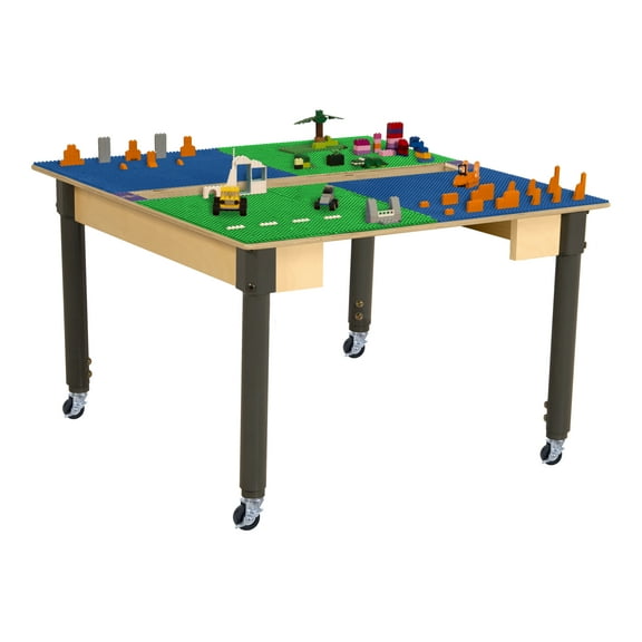 Time-2-Play 35" Square Birch Plywood Blue & Green Montessori Lego Compatible Building Blocks Table with Wheels, Trough for Kids [18”-29” Adjustable Legs]