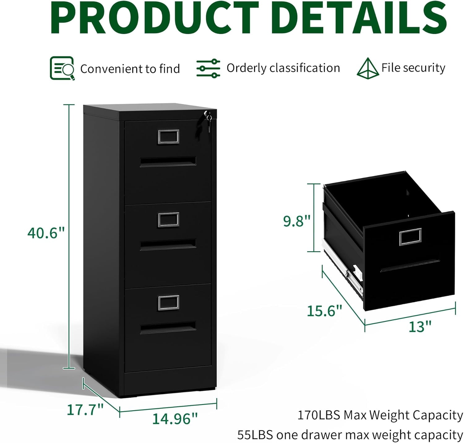 IKIMI Black Metal File Cabinet with 3 Drawer,Vertical File Cabinet with Lock for A4/Letter/Legal Size Files,Steel Filing Cabinets for Home Office,Assembly Required