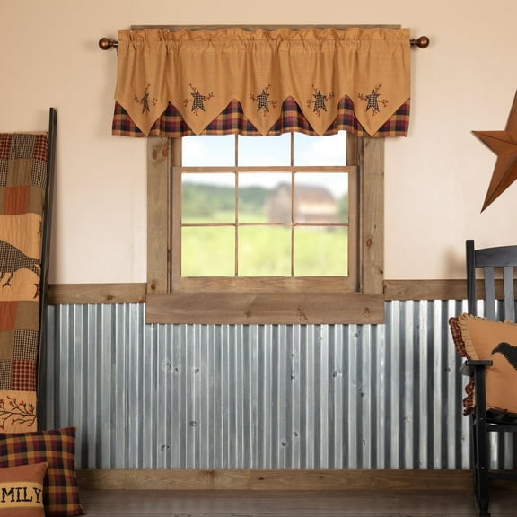 VHC Brands Heritage Farms, Primitive, Window Curtains, Star and Pip Valance Layered, 20x72