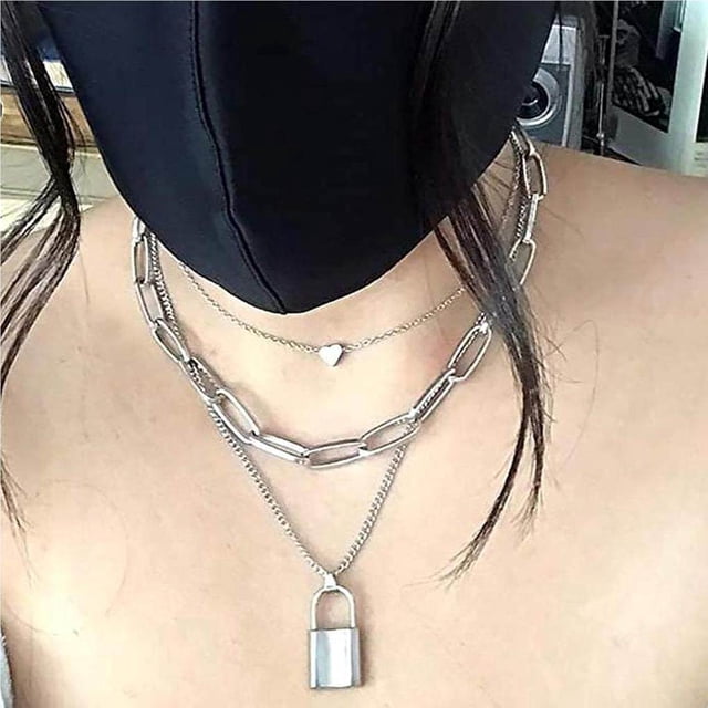 2Pcs Lock Chain Necklace Set Statement Lock Necklaces for Easy Installment Pendant Necklace Set Alloy Multilayer Chains Punk Choker for Men Women Type 2
