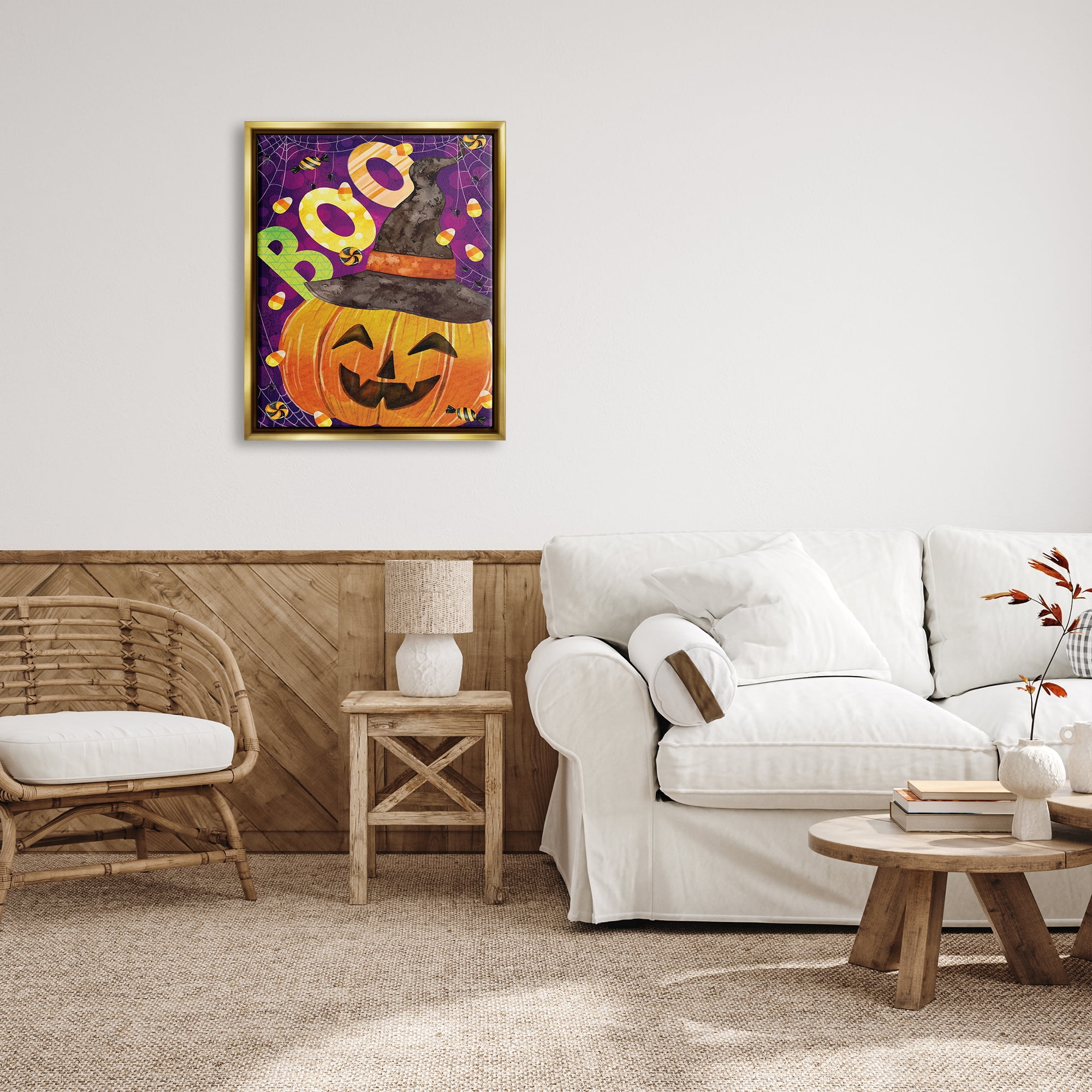 Stupell Industries Boo Jack-o-Lantern Halloween Candy Holiday Painting Gold Floater Framed Art Print Wall Art