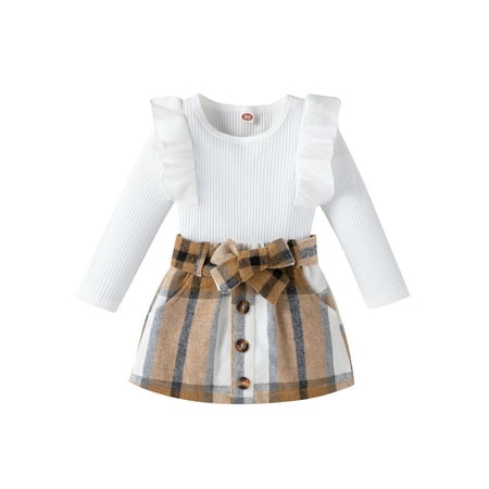 

IZhansean Fashion Baby Girls 2pcs Clothes Long Fly Sleeve T Shirts+Plaids A-Line Skirts Set White 3-4 Years