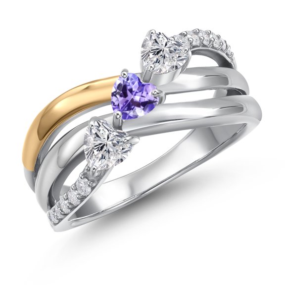 Gem Stone King 925 Silver and 10K Yellow Gold Lab Grown Diamond and Blue Tanzanite and Lab Grown Diamond Engagement Ring for Women | 0.90 Cttw | Heart Shape Gemstone April Birthstone | Size 9