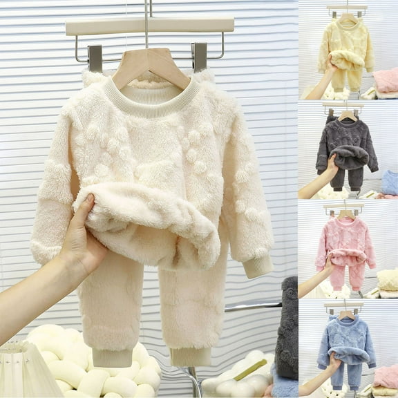 AINIYSKids Boys and Girls Outfit Sweatsuit Cute Fleece Pullover and Pants Pajamas Set Winter Warm Clothes 2 Piece Beige 2-3Years