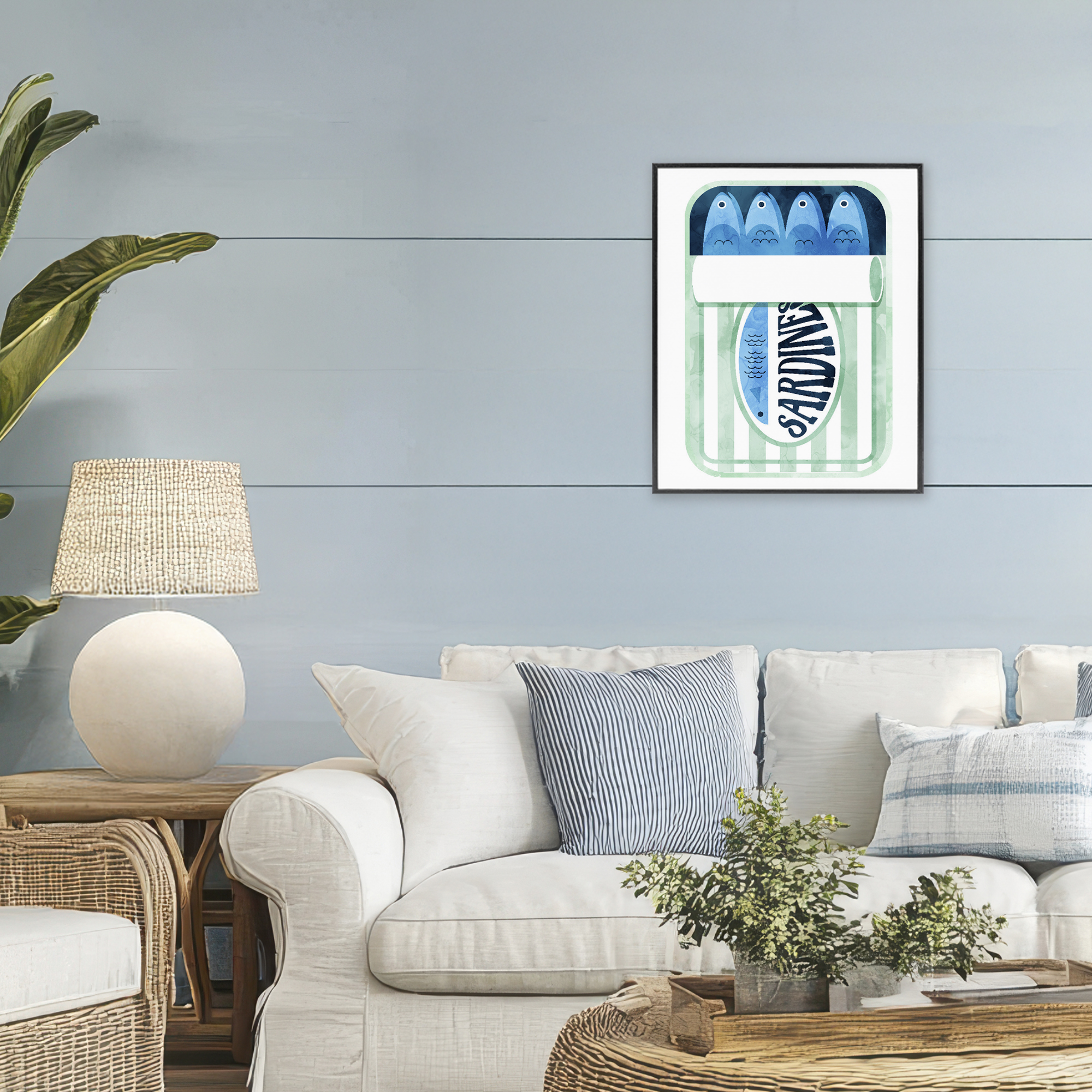 Green Stripe Sardine Tin Black Framed Giclee Art, design by Daphne Polselli